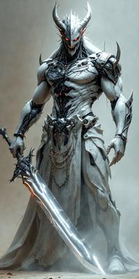 The primary subject of the image is a man dressed in a white and black costume, holding a sword. The setting appears to be a futuristic or fantasy-themed environment, with the man standing in front of a wall. The visual style of the image is digital art, as it is a detailed and intricate illustration. The dominant colors in the image are white and black, giving the scene a dramatic and intense atmosphere.